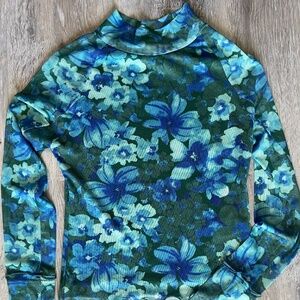 Floral Mesh Lettuce Hem Midi Neck Turtleneck Blouse